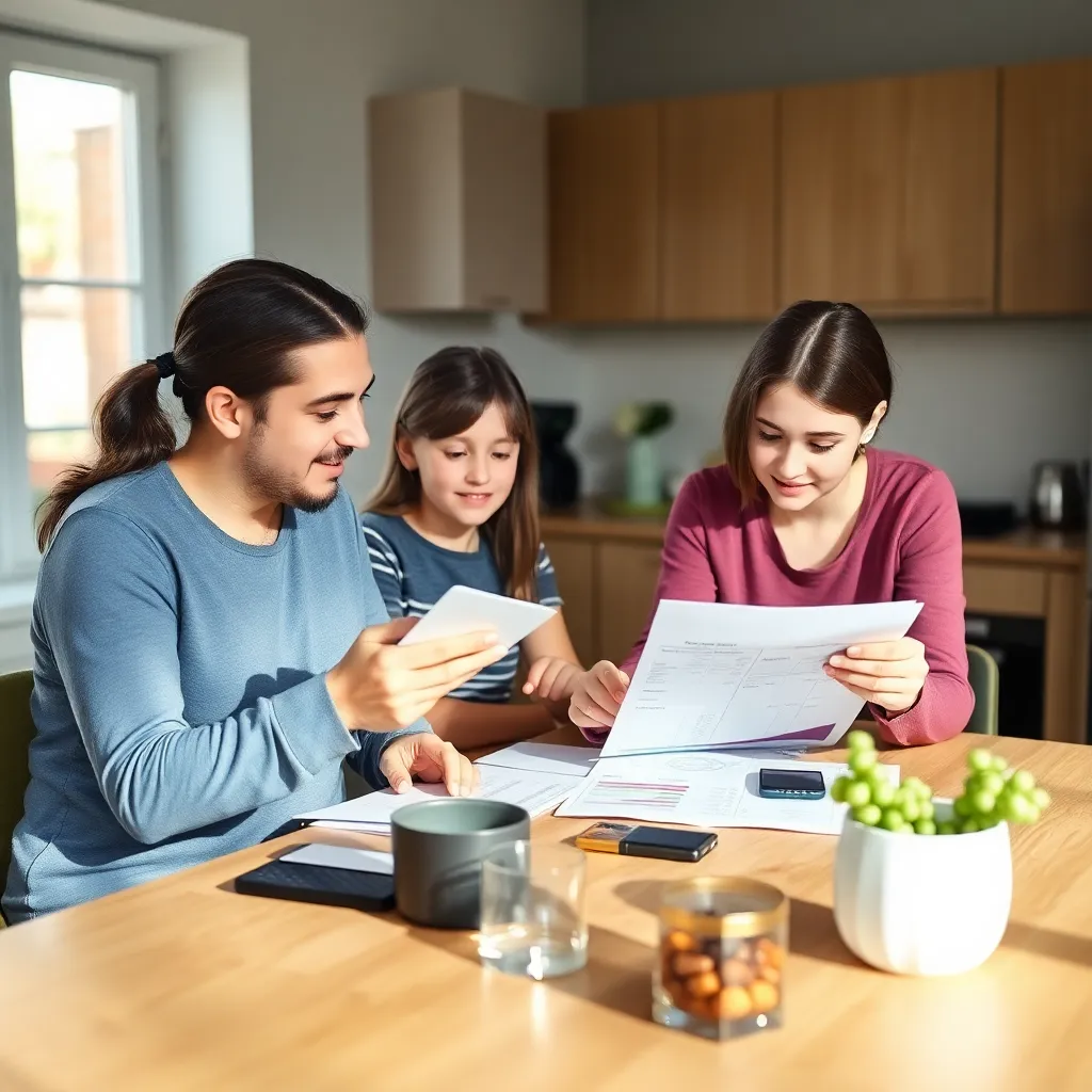 Nederlands gezin bespreekt huishoudbudget aan keukentafel