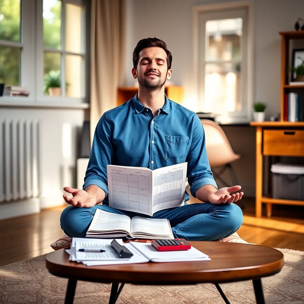 Persoon in meditatiehouding met financiële documenten georganiseerd naast zich