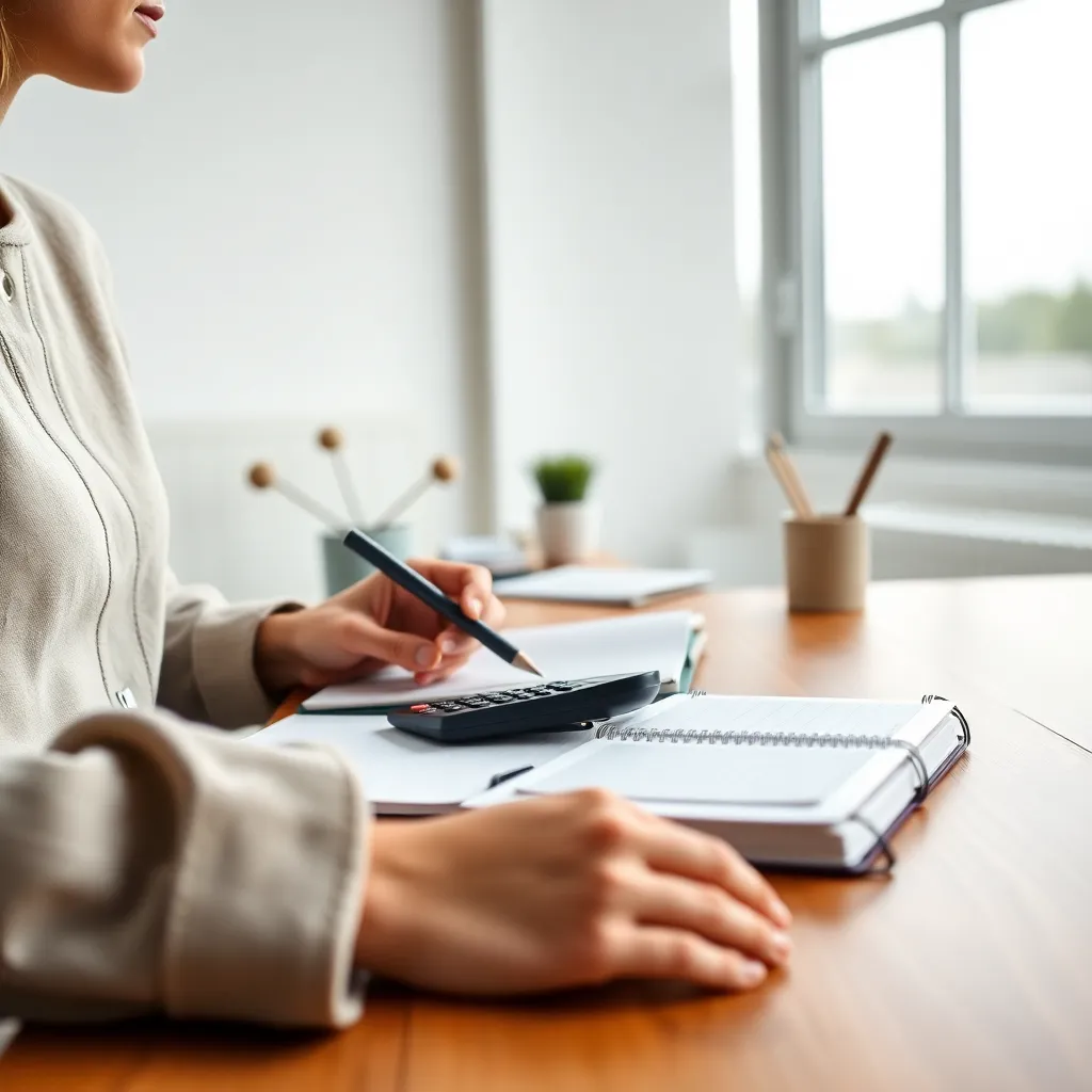 Persoon die rustig financiën plant aan een houten tafel