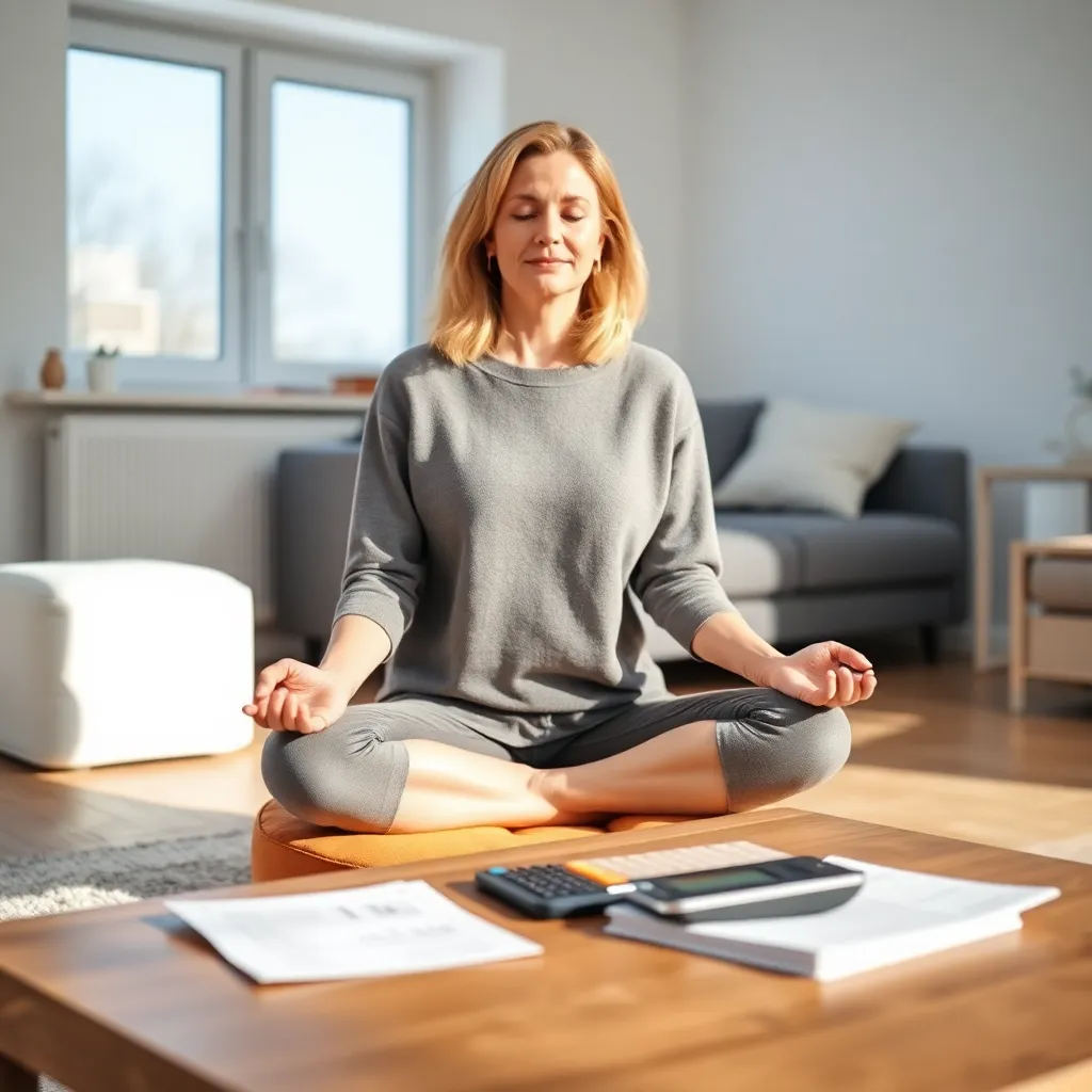 Persoon in rustige meditatiehouding met financiële documenten op de achtergrond