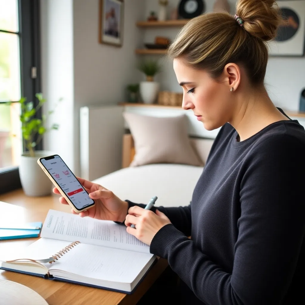 Persoon die nadenkt over een potentiële aankoop en noteert in een notitieboek