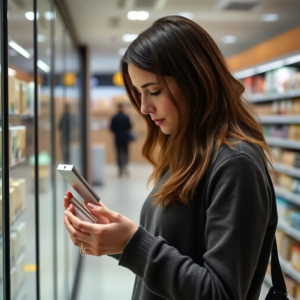 Persoon die met aandacht een product bekijkt voordat het wordt aangeschaft