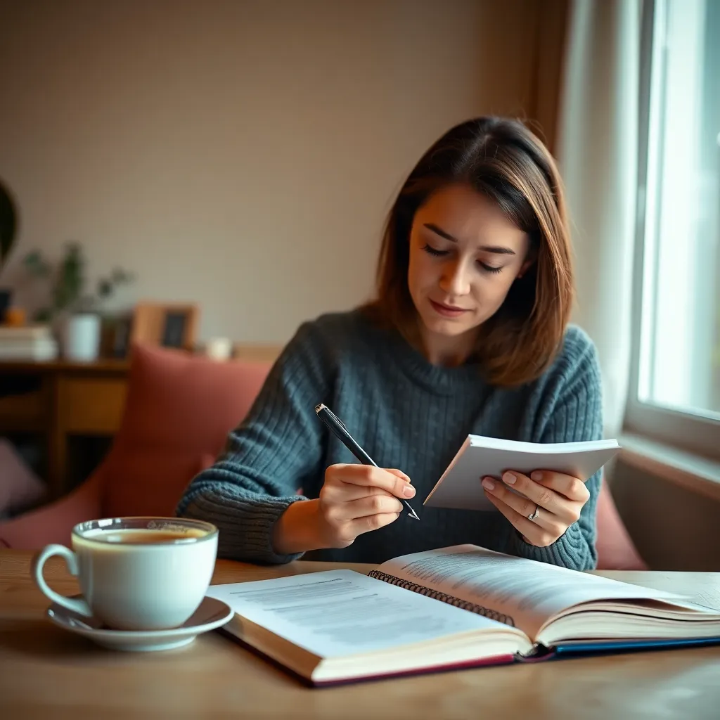 Persoon die rustig aan tafel zit met financiële documenten en een kopje thee, straalt rust en focus uit